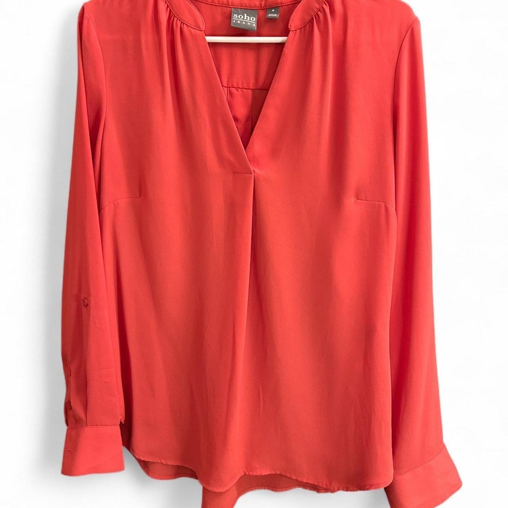 Soho Jeans V-Neck Blouse Coral Pink Medium Excellent Career Chic